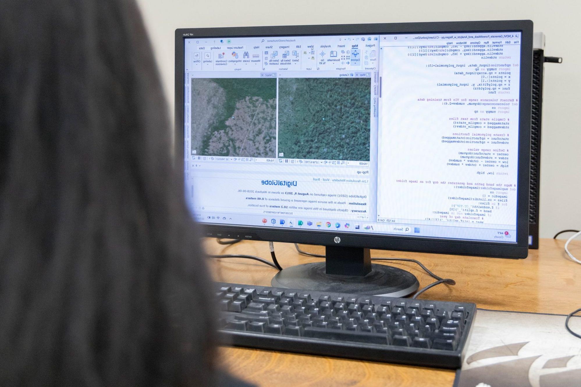 A computer screening showing satellite and aerial imagery with python coding in ArcGIS software.